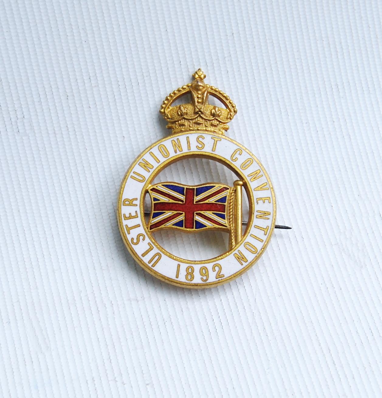 Ulster Unionist Convention 1892 badge by Gibson & Co., Belfast in the form of a white enamelled ring