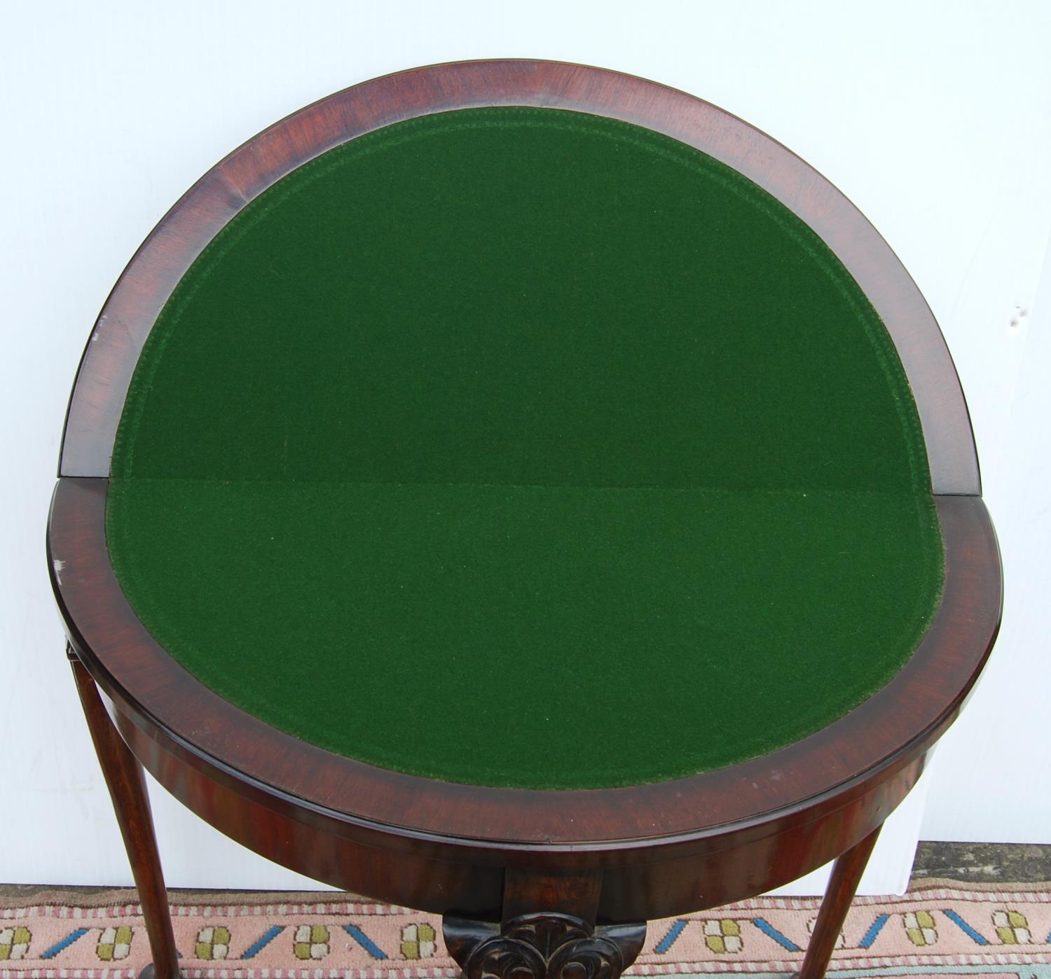 Edwardian mahogany demi-lune card table, the moulded hinged top enclosing baize lining, plain - Image 3 of 3