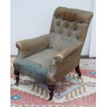 Victorian button-back easy chair with cushioned arms and seat, baluster turned legs terminating in
