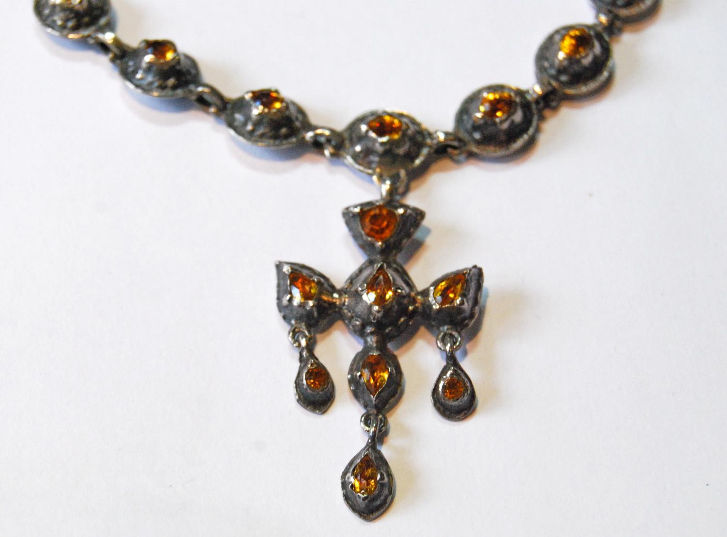 French 19th century silver necklace with foiled citrines and similar cruciform drop. - Image 2 of 9