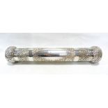 Pakistan chased silvered scroll case with all over floral decoration, inscribed 'Mr LM McClure, to