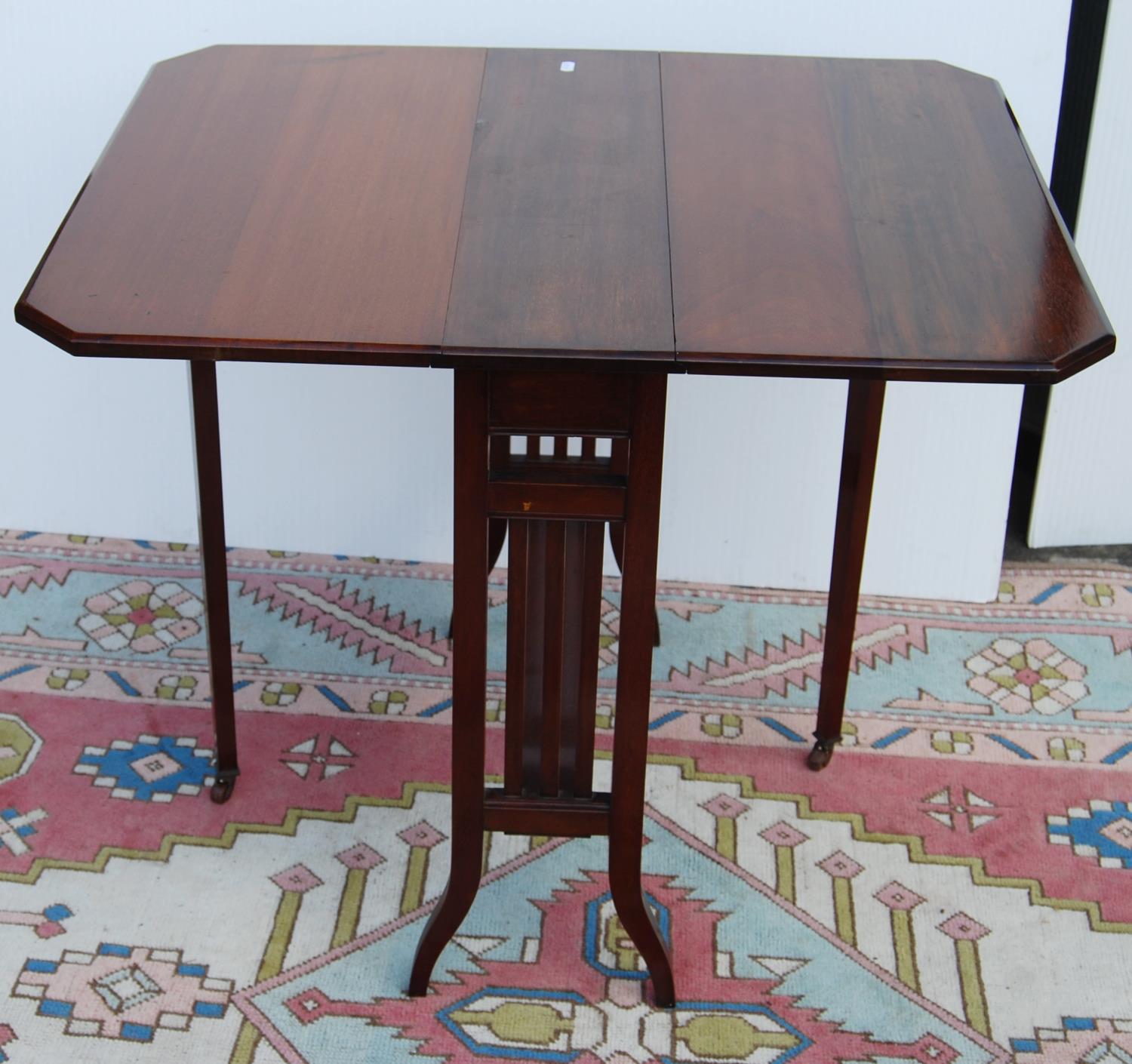 Mahogany Sutherland table, the rectangular drop flap top with canted corners, on square legs - Image 2 of 2