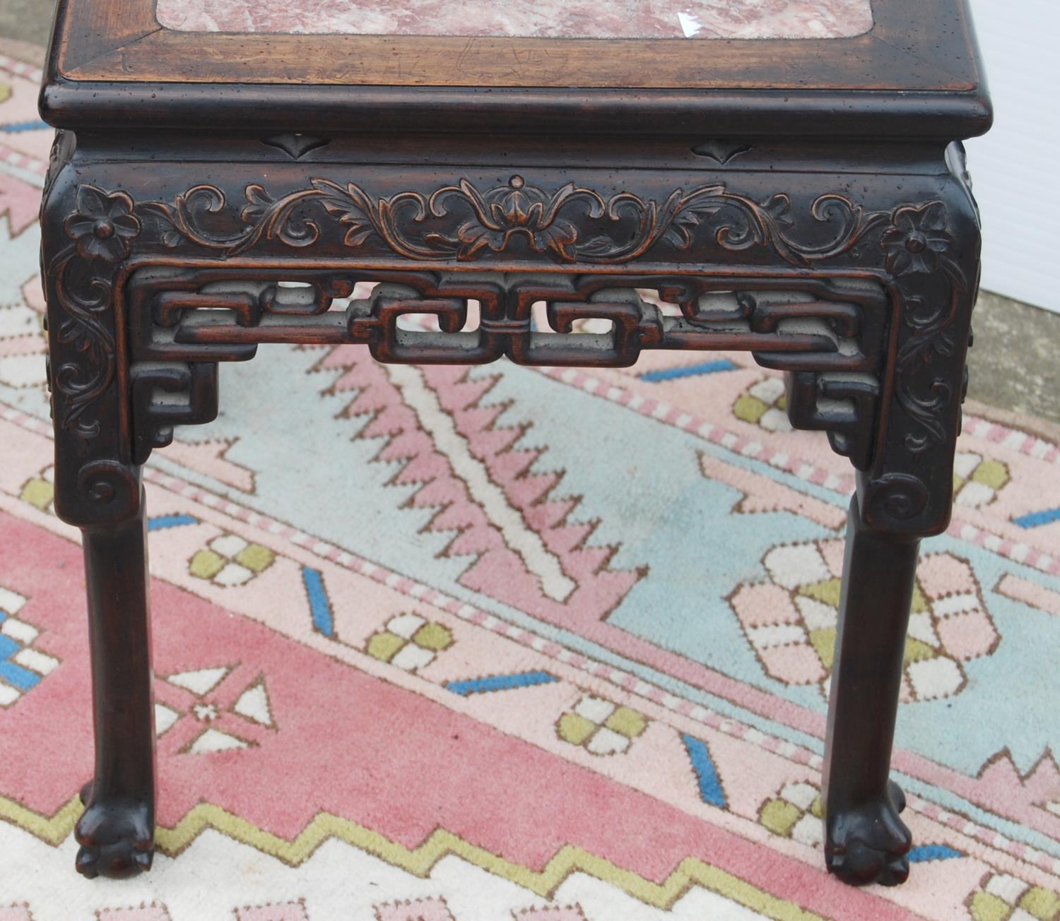 Oriental hardwood and marble jardinière stand, the moulded square top with marble inset panel over - Image 3 of 4