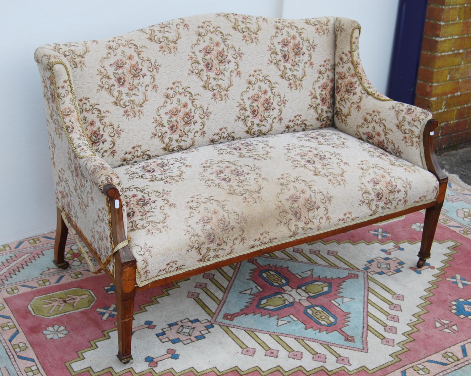 Edwardian mahogany and inlaid parlour sofa with serpentine cushioned back, down swept arms, on - Image 2 of 2