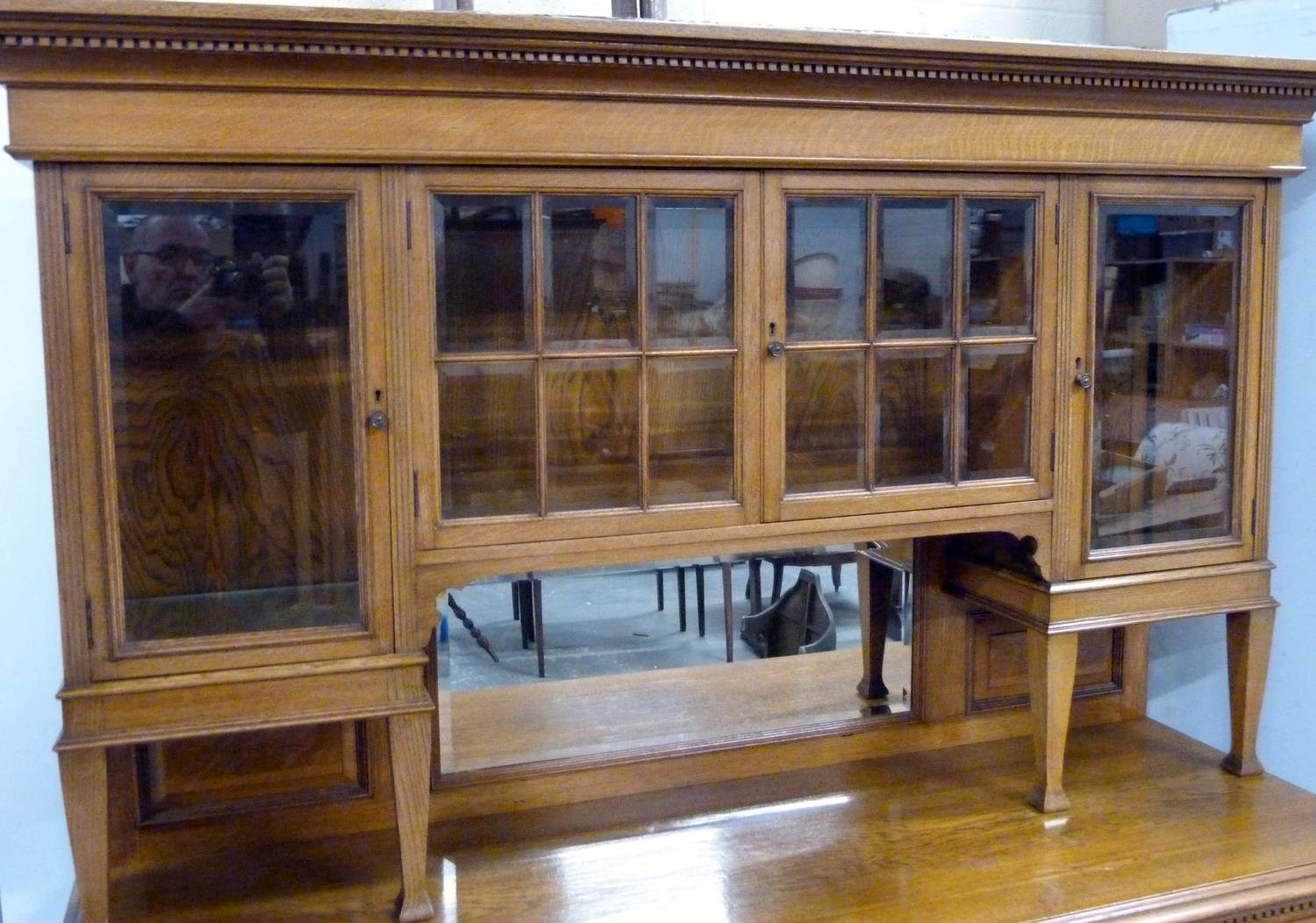 Oak Art Nouveau style dining room suite comprising a dresser, the upper section enclosed by glazed - Image 3 of 8