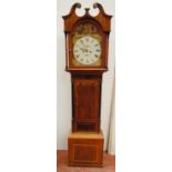 19th century mahogany eight day longcase clock, the swan neck pediment over painted face