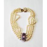 Cultured pearl three-strand collar with oval amethyst and diamond cluster and pearl snap, 9ct