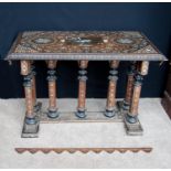 Syrian rosewood and bone inlaid marquetry table, the chamfered rectangular top with central palmette