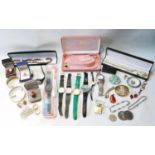 Swatch and other watches and a quantity of coins, costume jewellery and other items.