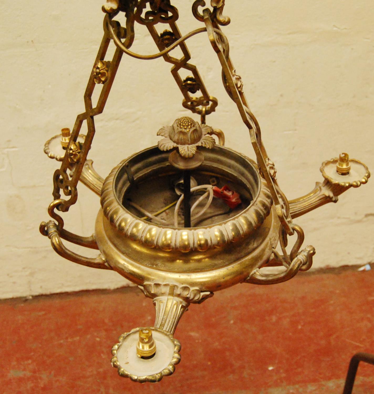 Gilt metal urn electrolier, the gadrooned bowl with three outstretched handles and floral arms - Image 3 of 6