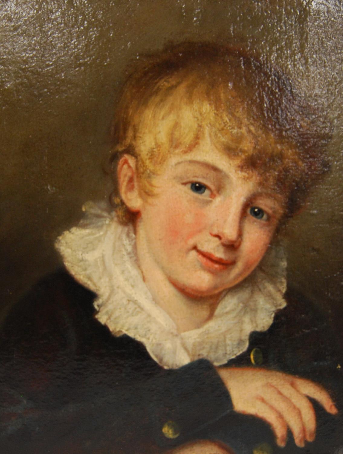 British School Portrait of a young boy with white ruffled collar, black jacket with brass buttons, - Image 2 of 3