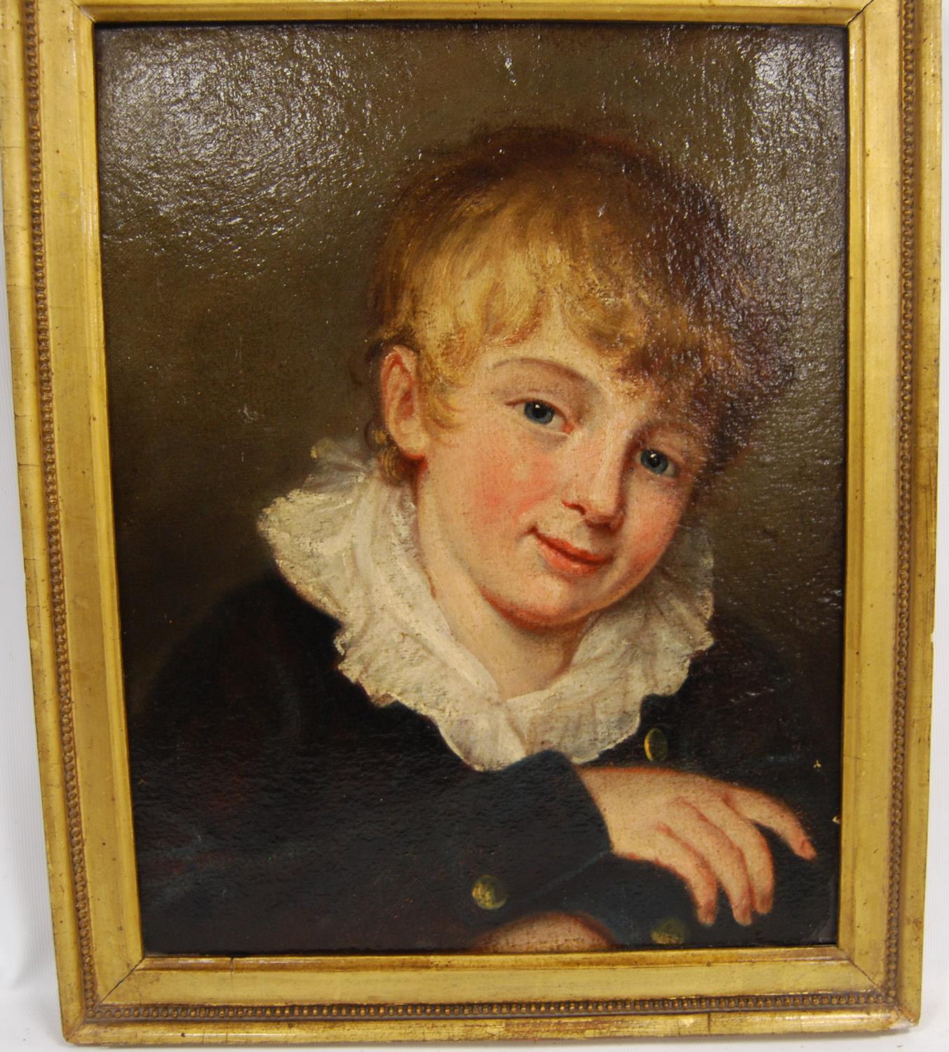 British School Portrait of a young boy with white ruffled collar, black jacket with brass buttons,