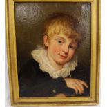 British School Portrait of a young boy with white ruffled collar, black jacket with brass buttons,