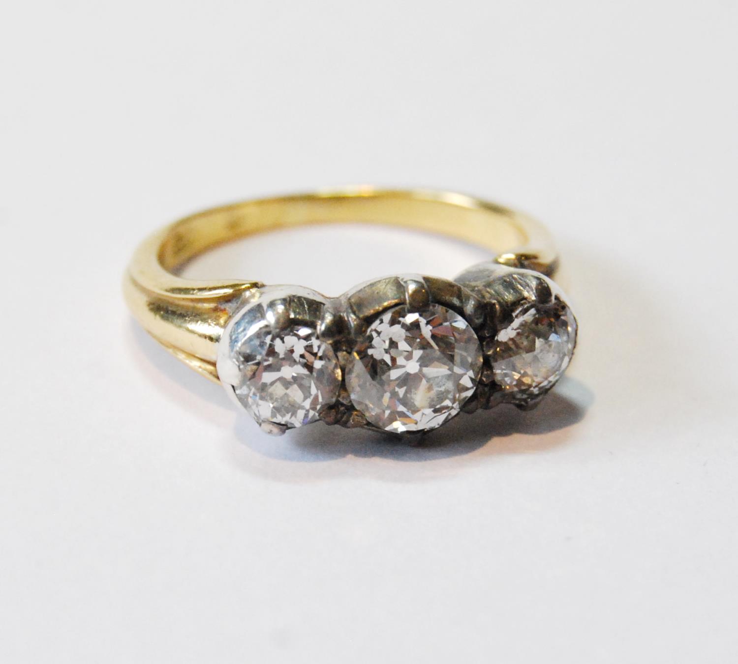 Antique diamond three-stone ring with old-cut brilliants, approximately .9ct and .6ct, in silver - Image 2 of 5