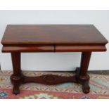 William IV mahogany hall table, the rectangular top over ogee frieze drawers, on tapering turned