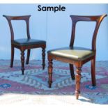 Set of six mid-19th century mahogany dining chairs, each with curl over top rail, open back, stuff-