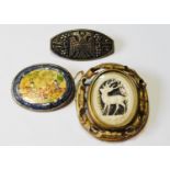 Persian painted bone oval brooch with equestrian figures and two others.  (3)