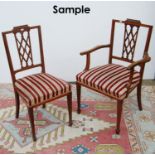 Set of six mahogany and inlaid dining chairs, each with stepped top rail, crossbanded frame,