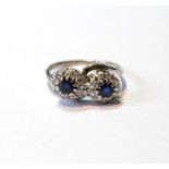 Diamond and sapphire double cluster crossover ring with eight-cut brilliants, in white gold, size O.
