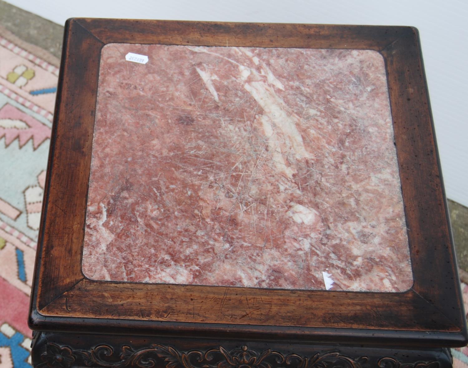 Oriental hardwood and marble jardinière stand, the moulded square top with marble inset panel over - Image 2 of 4