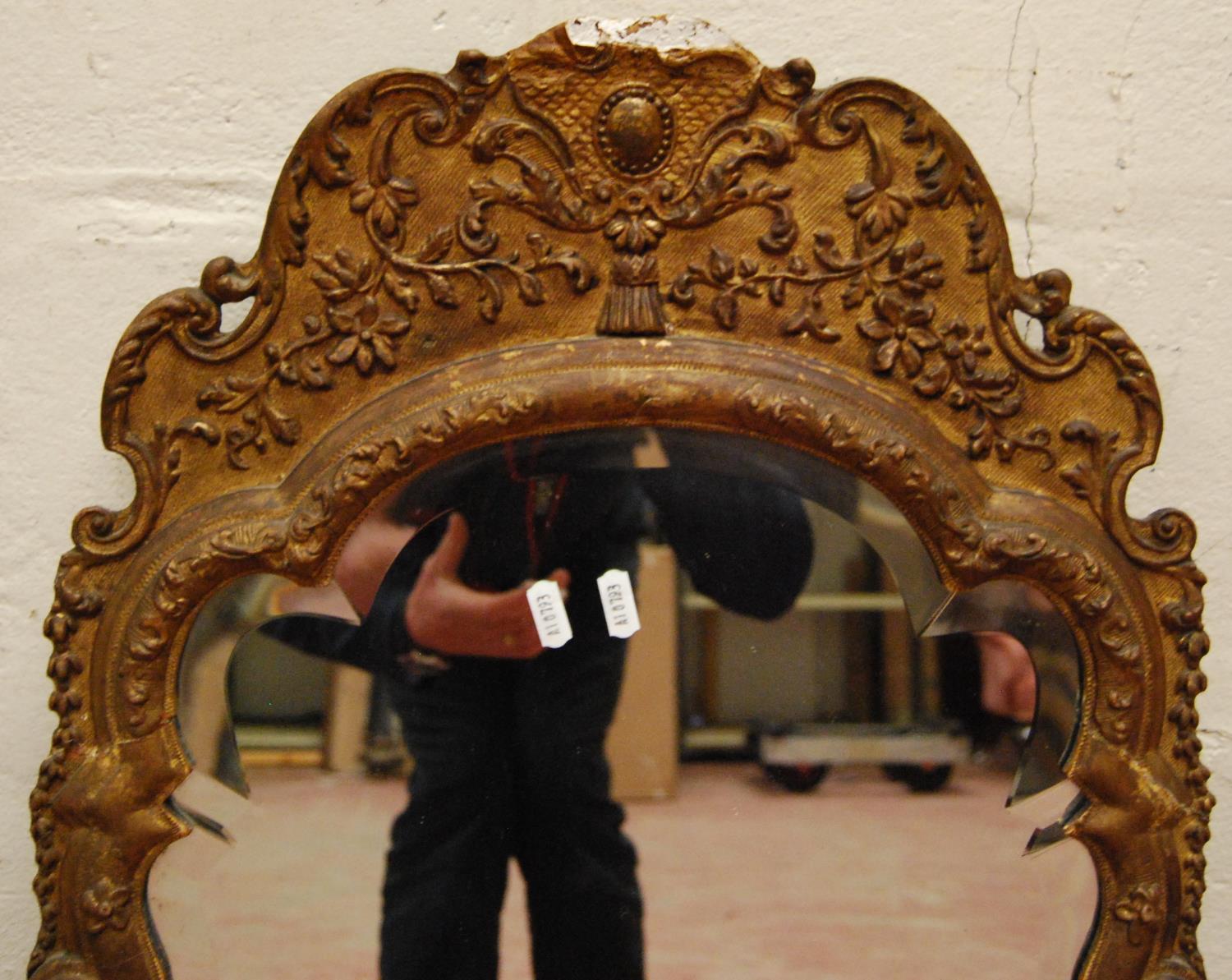 19th century giltwood and gesso pier glass, the scrolling floral pediment over shaped moulded - Image 2 of 3