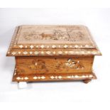 Inlaid rosewood casket-shaped box decorated with a rural scene, with hinged rectangular lid and