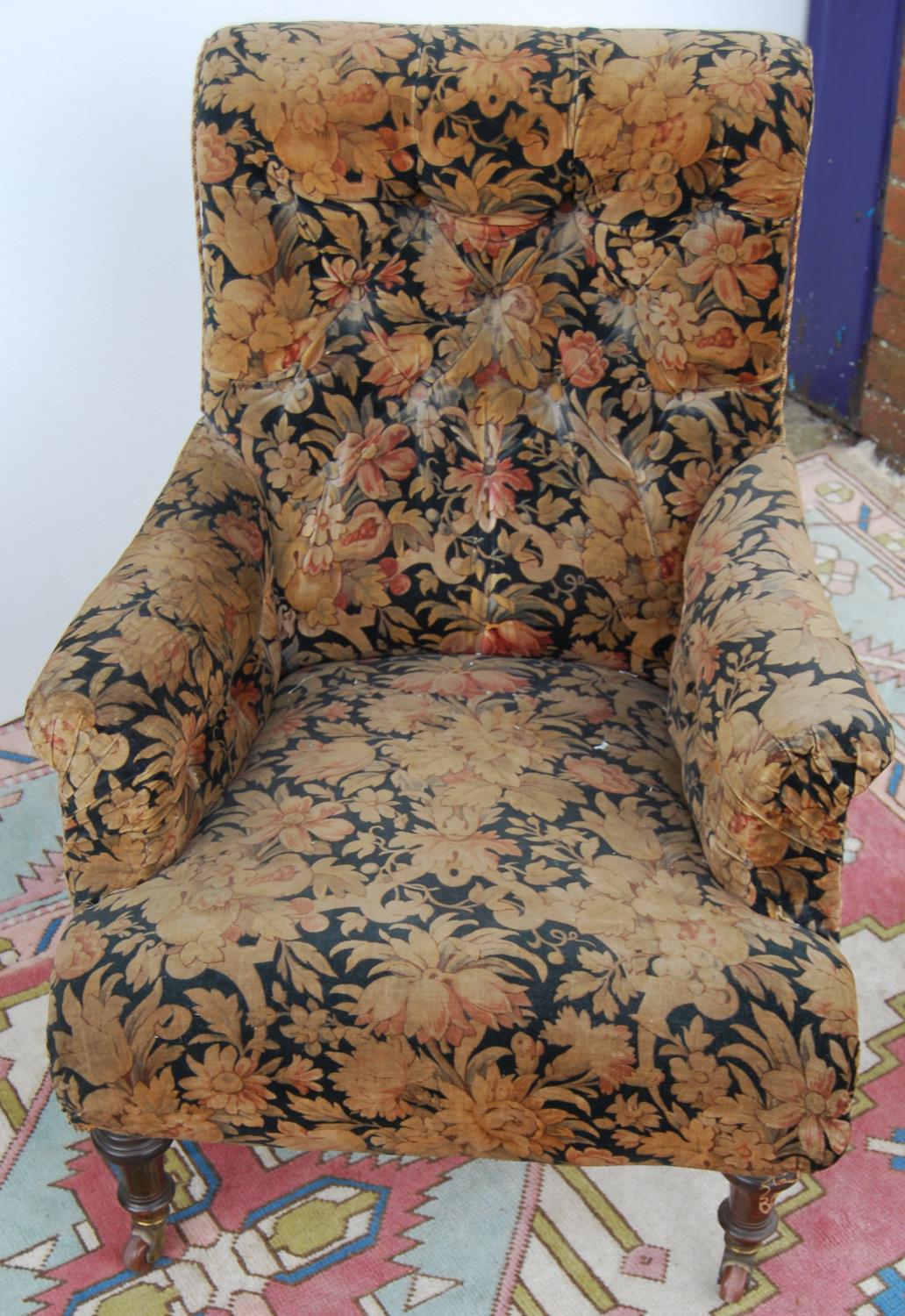 Victorian button-back armchair with cushioned arms, sprung seat, on tapering baluster legs - Image 2 of 3