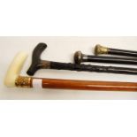 19th century ivory-handled Malacca walking cane with 18ct gold collar, stamped SM, engraved 'M