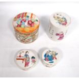 Famille rose jar and cover, 8cm high and 10cm diameter, also two others and a lid.