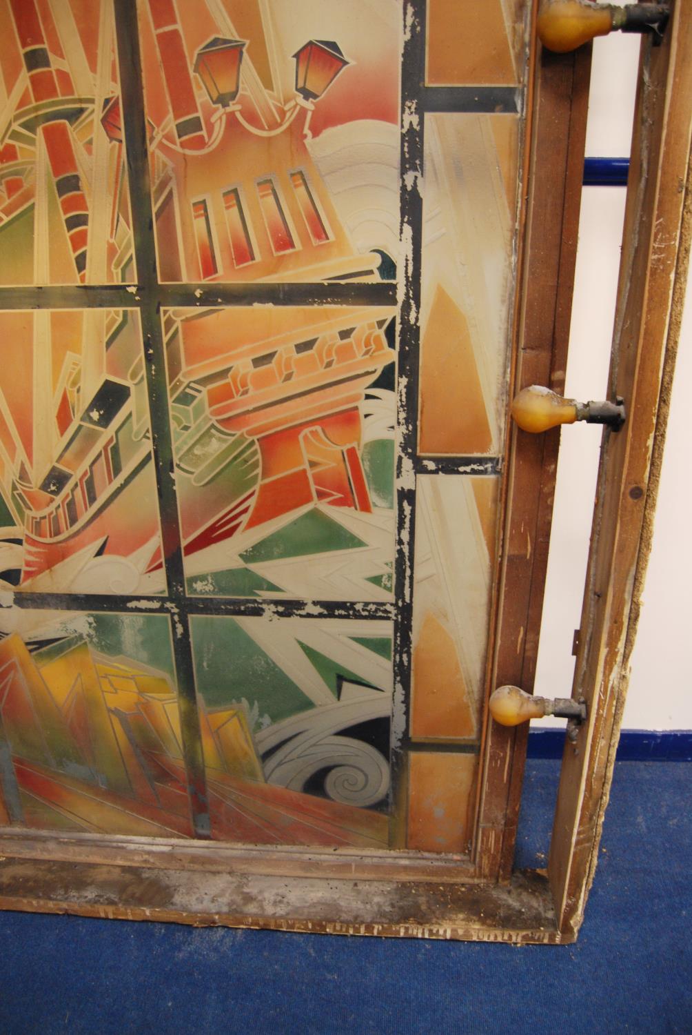 Large Art Deco painted glass cinema panel depicting a sailing ship, decorated in greens and oranges, - Image 3 of 10