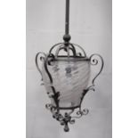 Late 19th century ceiling lantern with acanthus rosette mounted pull, four scrolling arms