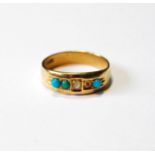 Diamond and turquoise ring in gold, '18ct' (one turquoise missing), size M, 4.3g.