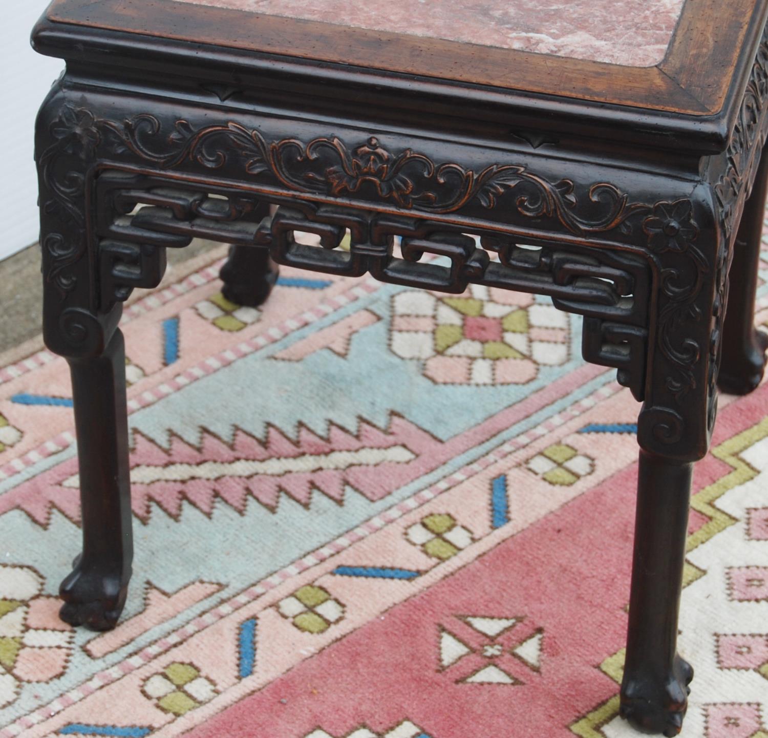 Oriental hardwood and marble jardinière stand, the moulded square top with marble inset panel over - Image 4 of 4