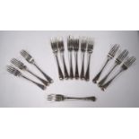 Thirteen early 19th century silver fiddle pattern table forks to include three by John Lias, 1817;