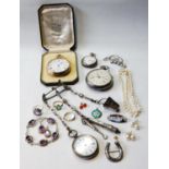 Amethyst and silver bracelet with earrings and ring, four watches, a chatelaine and various other