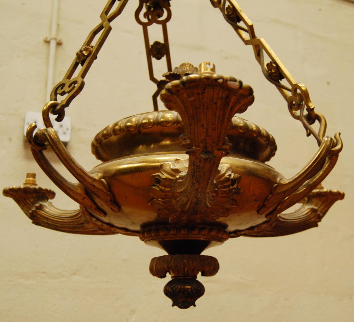 Gilt metal urn electrolier, the gadrooned bowl with three outstretched handles and floral arms - Image 6 of 6