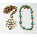Gold bracelet with turquoise and pearls and a similar pendant with necklet, gross 16g.