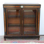 Victorian ebonised display cabinet, the walnut boned rectangular top over ormolu beaded frieze