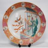 Chinese 18th century famille rose dish depicting figures on a balcony observing two riders on a