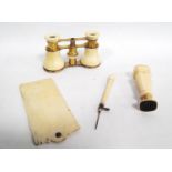 19th/early 20th century ivory scribe and plate seal, also a pair of opera glasses.