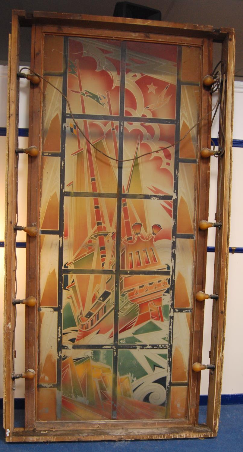 Large Art Deco painted glass cinema panel depicting a sailing ship, decorated in greens and oranges, - Image 2 of 10