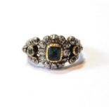 Late Georgian ring with three emeralds and old-cut diamonds, size M½.