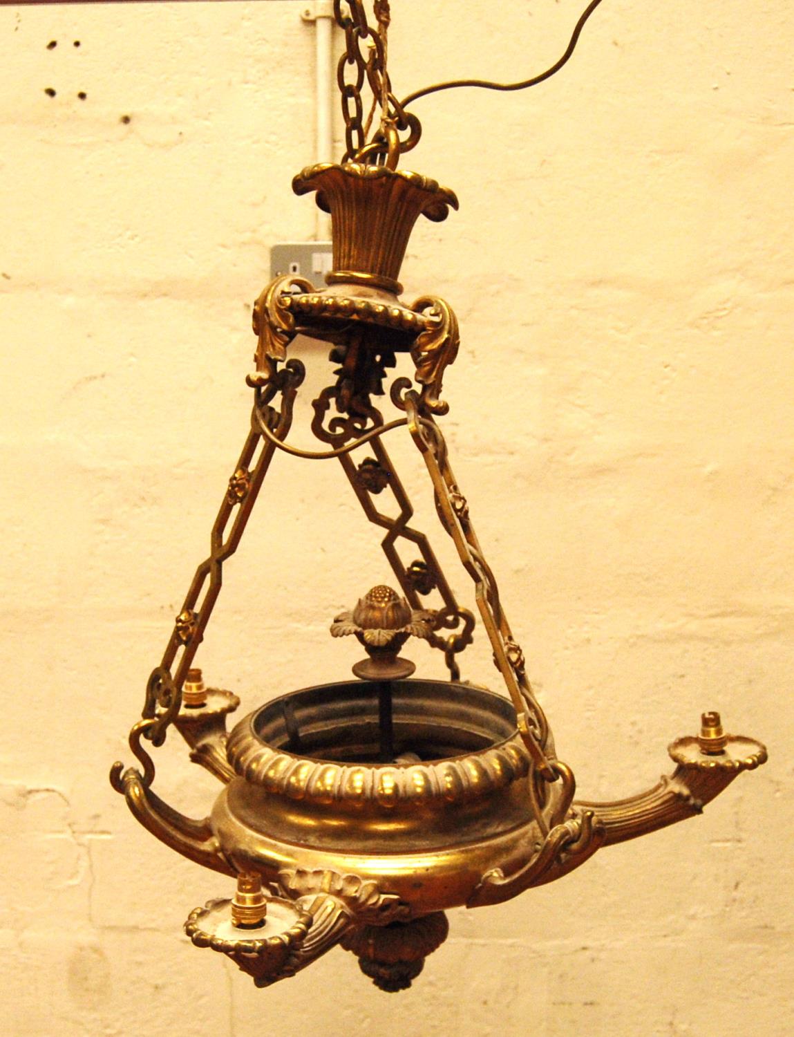 Gilt metal urn electrolier, the gadrooned bowl with three outstretched handles and floral arms - Image 2 of 6