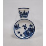 19th century blue and white export tea bowl and saucer decorated with pagodas, willow and blossom,