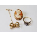 Ruby and diamond ring in 18ct gold, a cameo brooch and a pearl bow brooch.