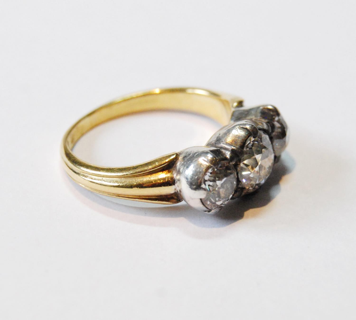 Antique diamond three-stone ring with old-cut brilliants, approximately .9ct and .6ct, in silver - Image 3 of 5