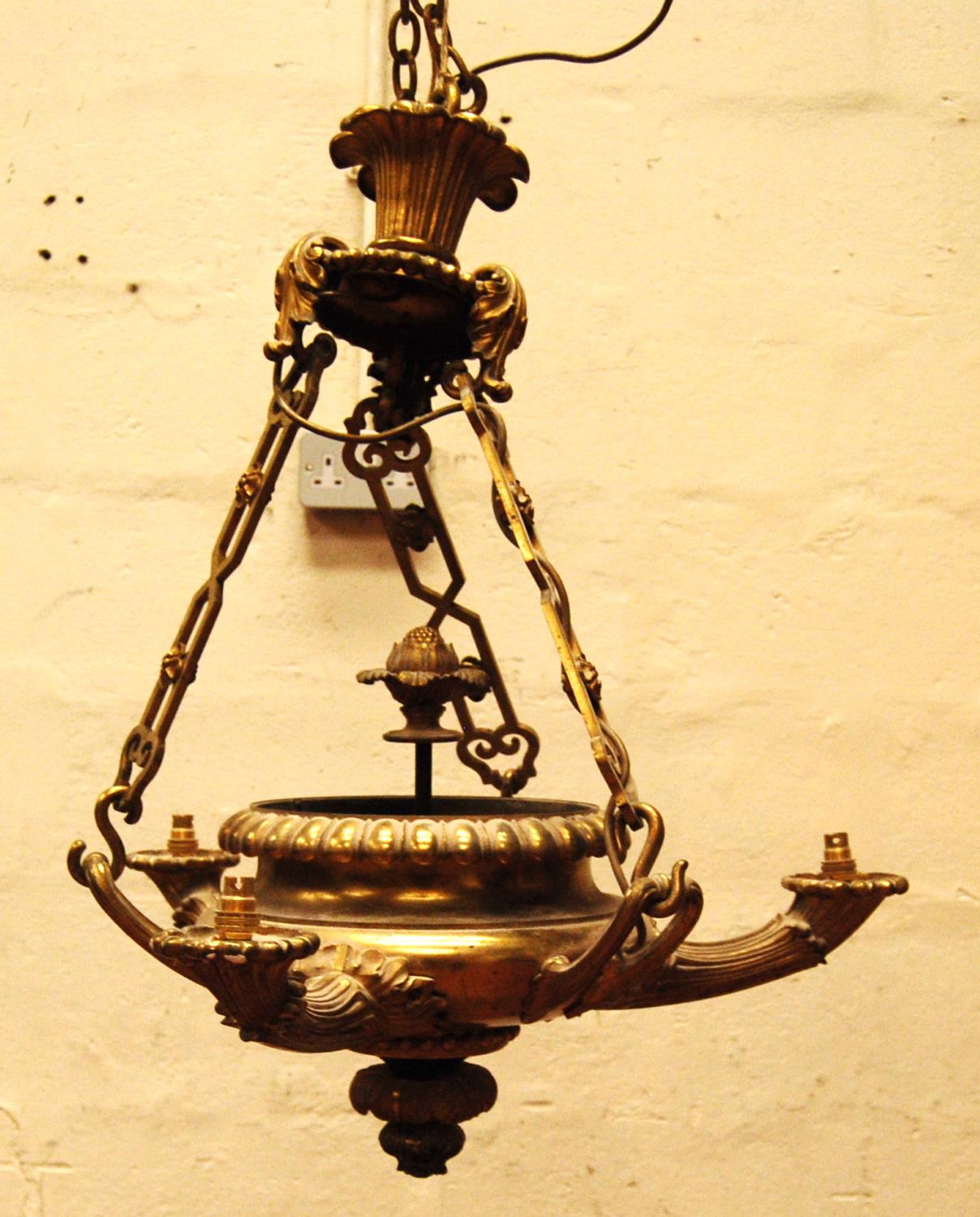 Gilt metal urn electrolier, the gadrooned bowl with three outstretched handles and floral arms