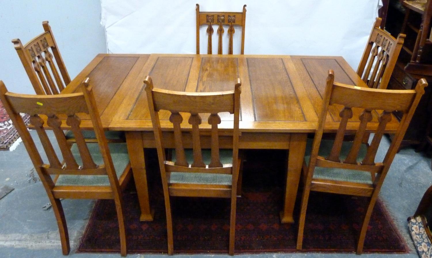 Oak Art Nouveau style dining room suite comprising a dresser, the upper section enclosed by glazed - Image 5 of 8