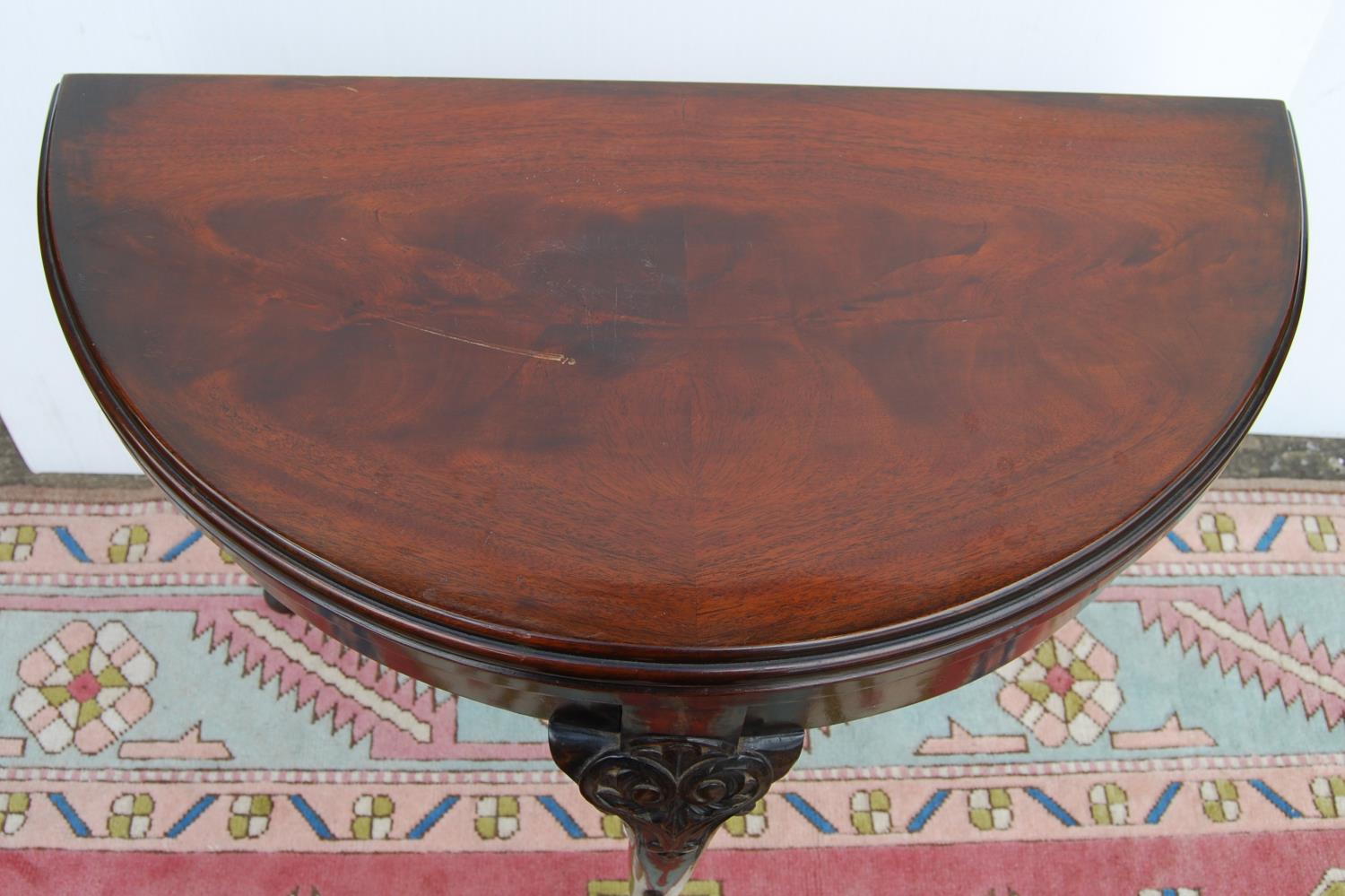 Edwardian mahogany demi-lune card table, the moulded hinged top enclosing baize lining, plain - Image 2 of 3