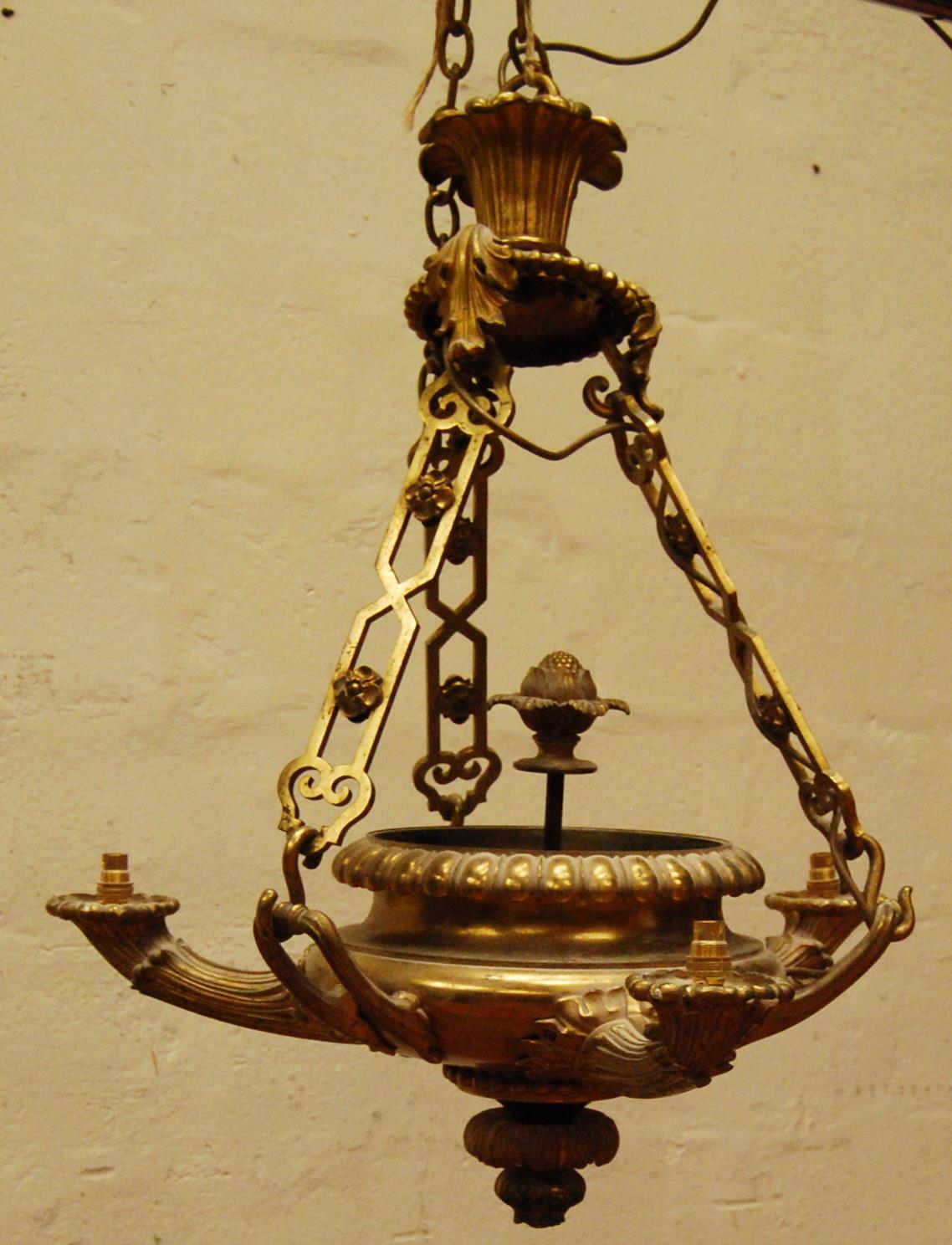 Gilt metal urn electrolier, the gadrooned bowl with three outstretched handles and floral arms - Image 5 of 6